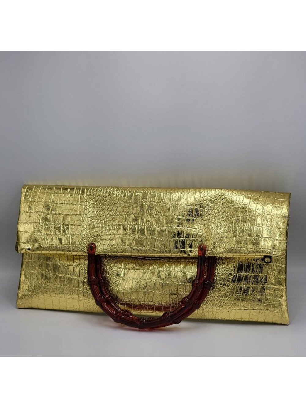 Vintage 80s 90s Mob Wife Gold Crocodile Handbag/Tote with Lucite Handles